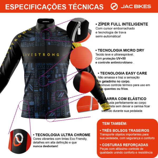 Camisa Ciclismo Livestrong Manga Longa Zíper Full Fitness Dry Fit Decole - Imagem 3