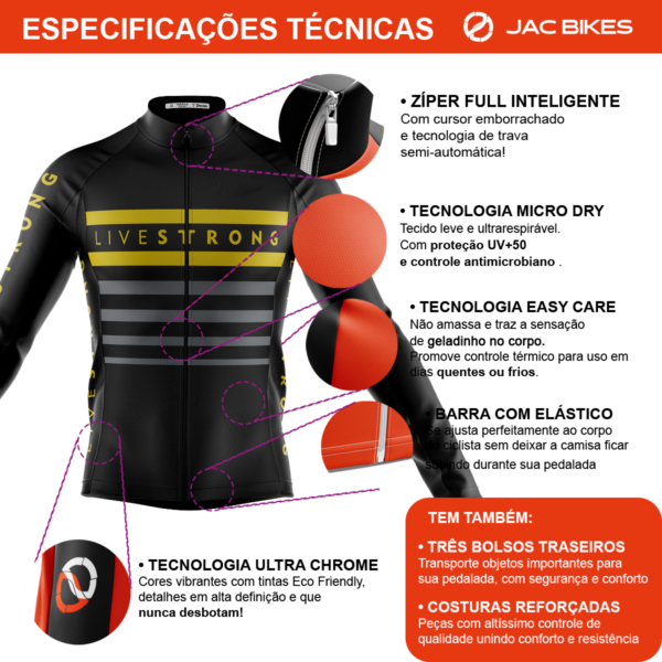 Camisa Ciclismo Livestrong Manga Longa Zíper Full Fitness Dry Fit Decole - Imagem 3