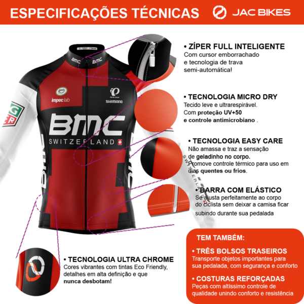 Camisa Ciclismo BMC Manga Longa Zíper Full Fitness Dry Fit Decole - Imagem 3