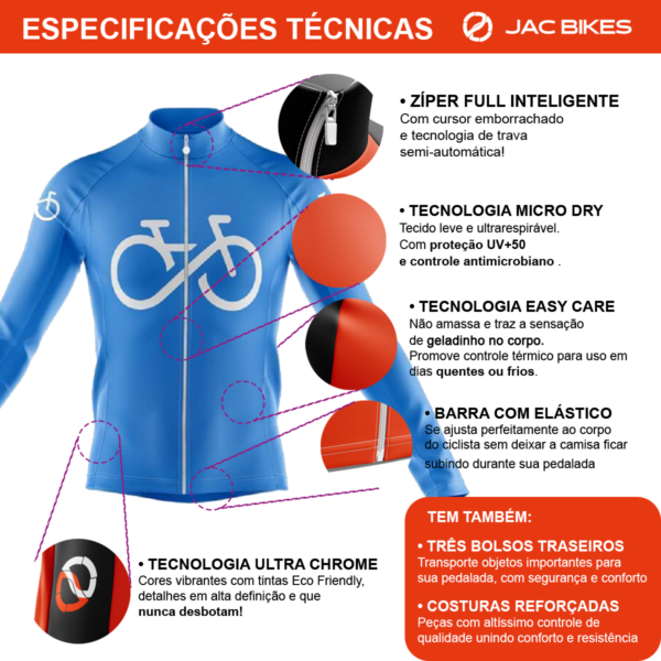 Camisa Ciclismo Manga Longa Bike Forever Azul Proteção UV Dryfit - Imagem 4