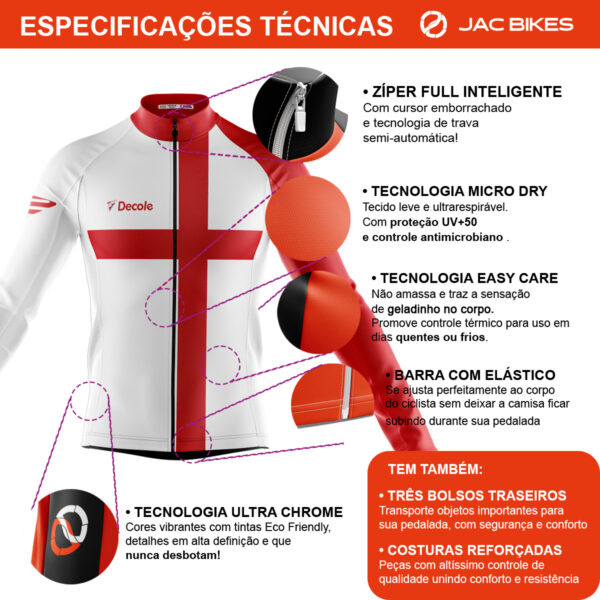 Camisa Ciclismo Inglaterra Manga Longa Decole Uv Bike - Imagem 4