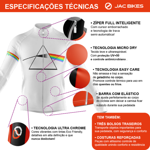 Camisa Ciclismo Pink Floyd Branca Manga Longa Zíper Full Fitness Dry Fit Decole - Imagem 3