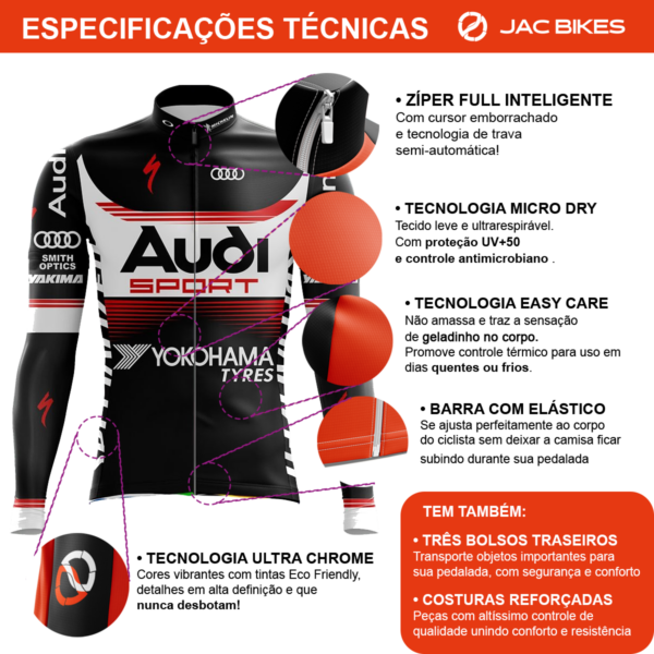Camisa Ciclismo Manga Longa Audi Zíper Total Fitness Dry Fit - Imagem 3