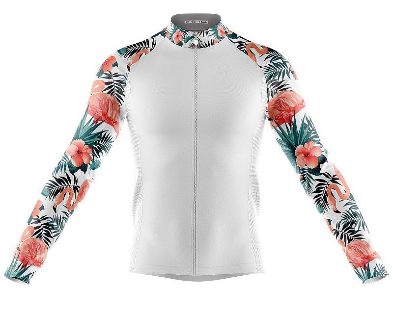 428f1e84fdcd08bc25ae278ddb8be1ae.jpg Camisa Ciclismo Floral Flamingo Longa Full Ziper Branca Mtb - Imagem 1