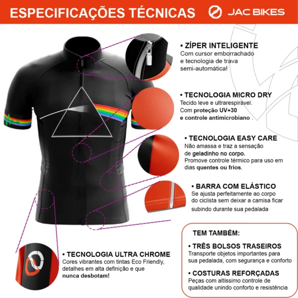 Camisa Ciclismo Pink Floyd Preta Manga Curta Zíper Fitness Dry Fit Mtb - Imagem 4